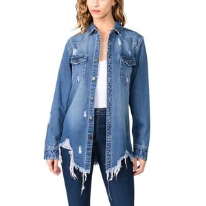American Bazi Women's L Longline Destructed 100% Cotton Denim Jean Shacket NWT